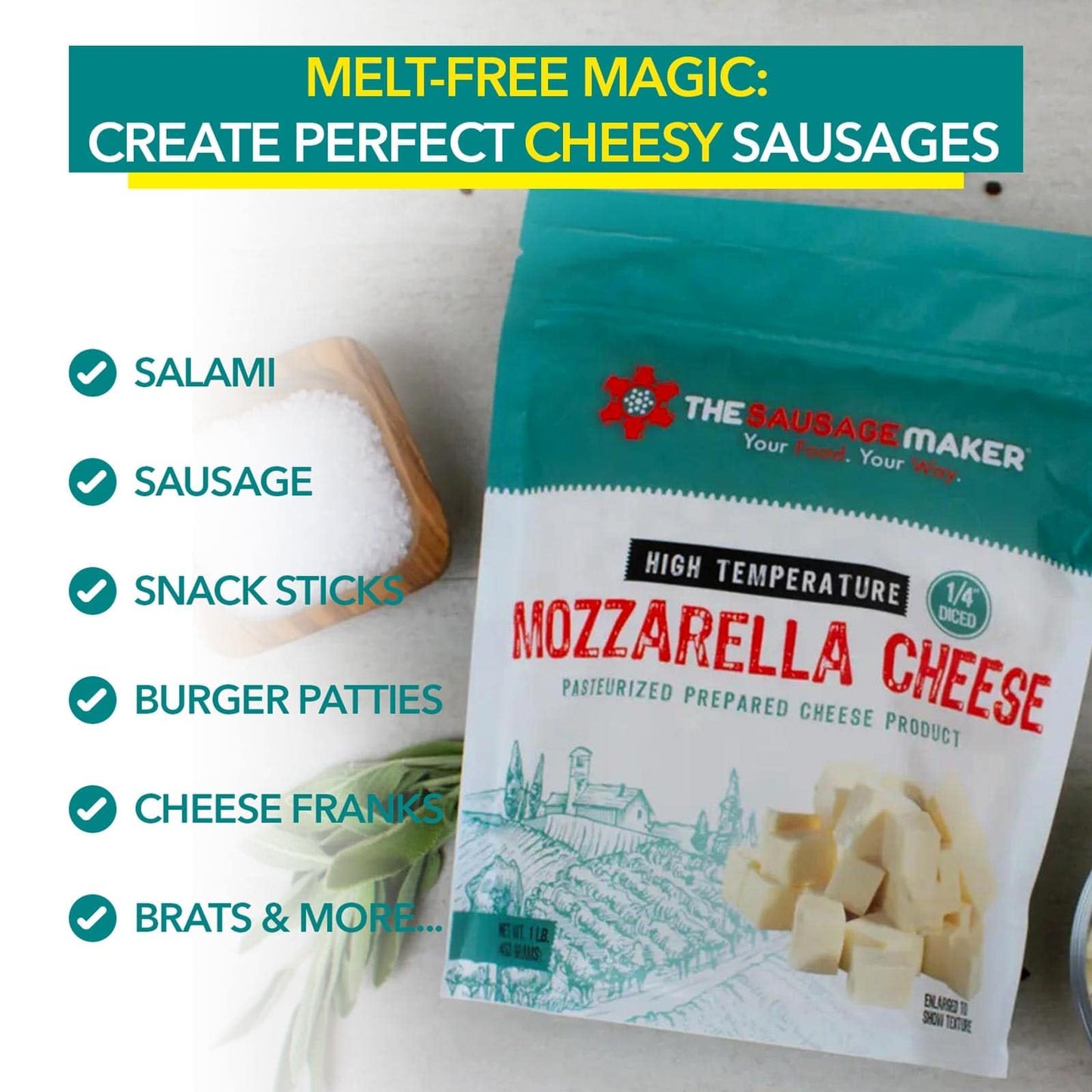 The Sausage Maker High Temp Cheddar Cheese 2 Lbs Diced Cube for Sausage Making, Grilling, and Snack Sticks