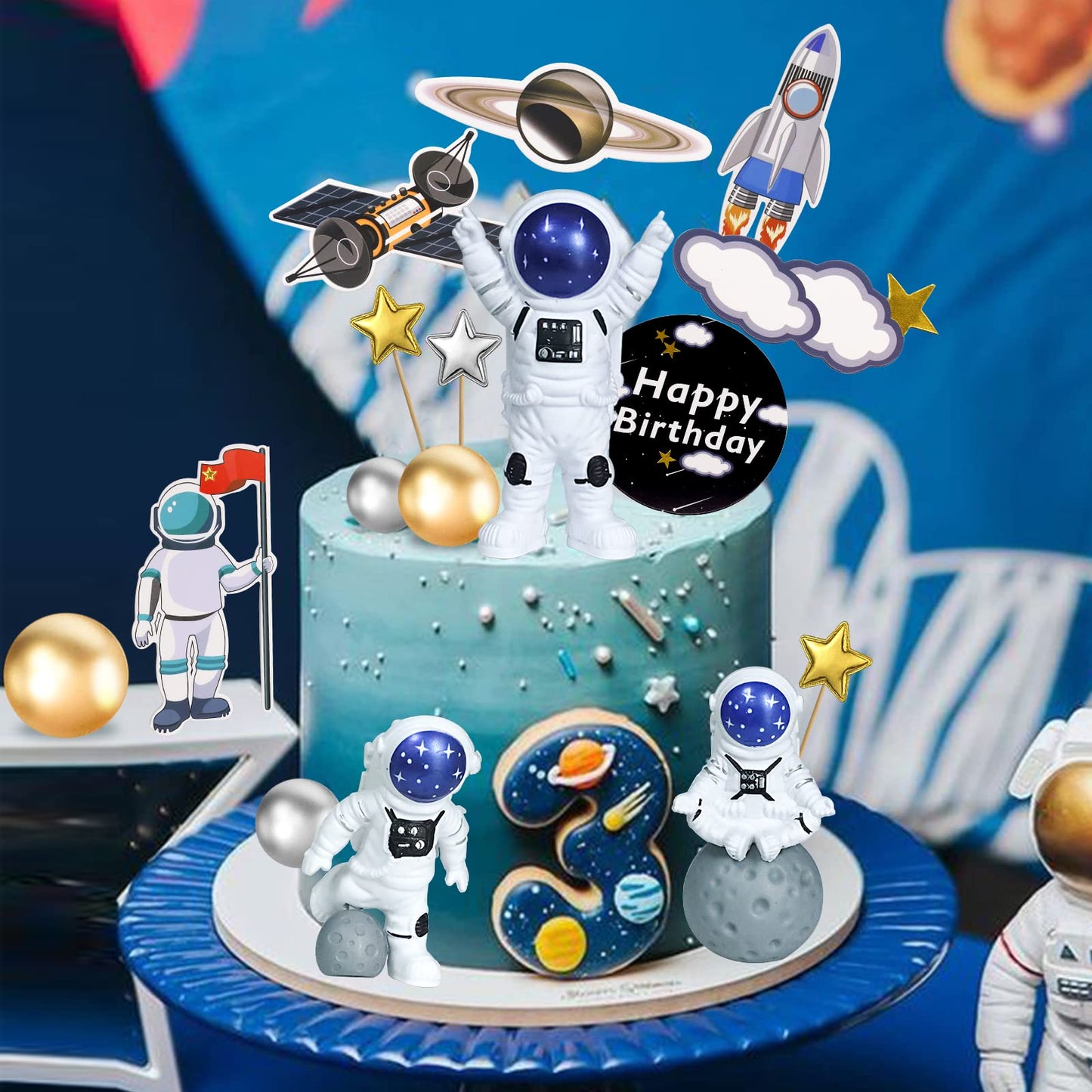 LEBERY Astronaut Space Cake Toppers 22 Pcs Plastic Decorations for Birthday Baby Shower - Blue, Model LA0183