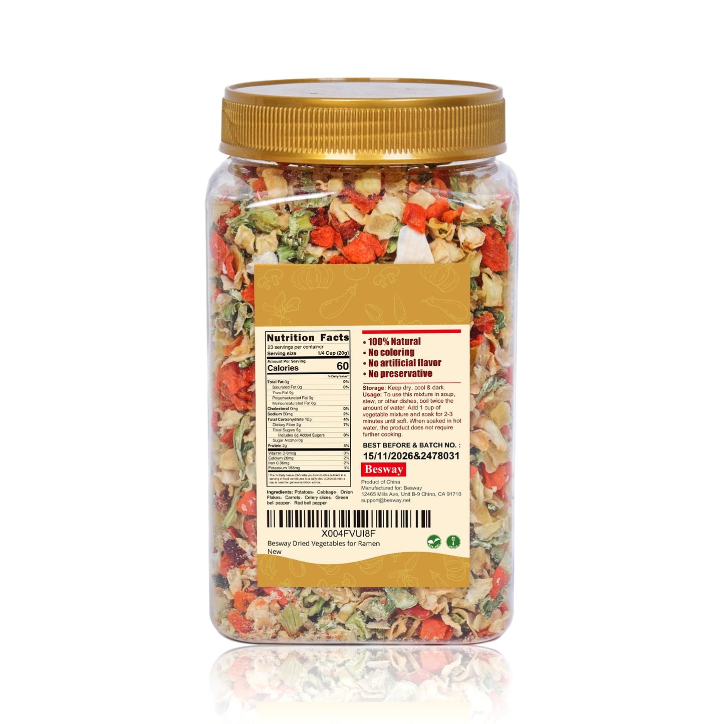 Besway Dehydrated Vegetables 16 Oz, Potatoes, Carrots, Onion Flakes, Cabbage, Celery, Bell Peppers, Perfect For Soups, Stews, Ca