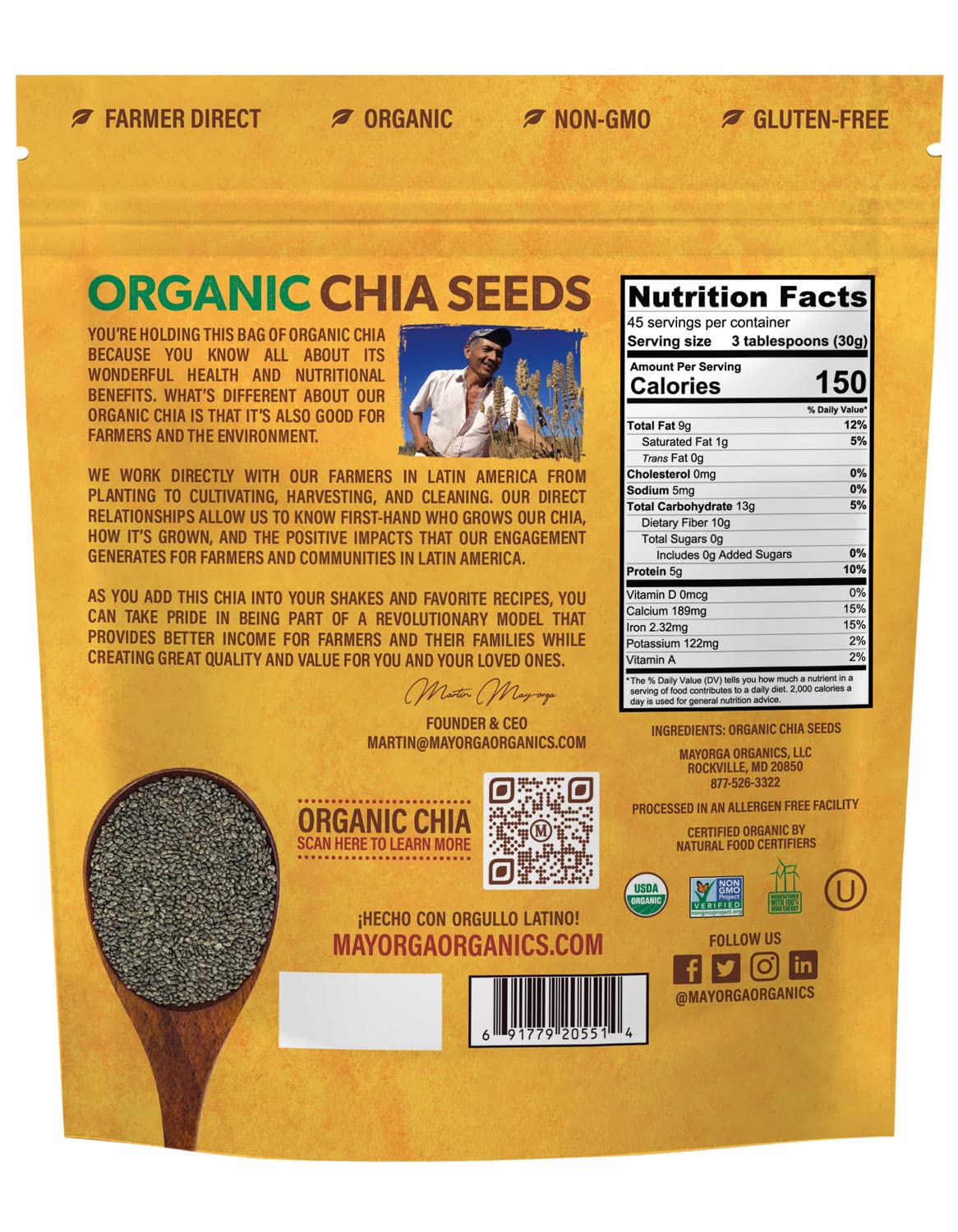 Mayorga Organic Raw Chia Seeds, 3Lb Resealable Bag | Superfood W/Plant-Based Omega 3 & Vegan Protein | Usda Certified, Gluten-Fr