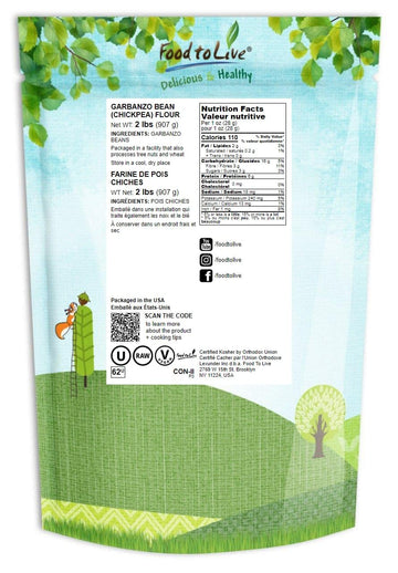 Food To Live Garbanzo Bean Flour, 2 Pounds Finely Milled Chickpea Flour, Raw, Vegan, Kosher, Bulk, Good Source Of Protein, Fiber
