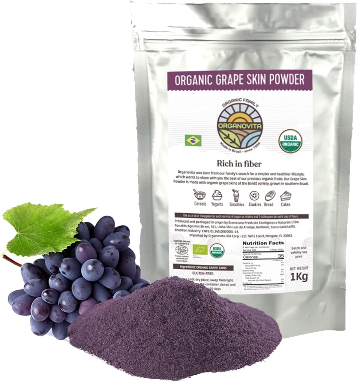 ORGANOVITA Organic Grape Skin Powder | Blend in Smoothies, Cakes | High Fiber Content, w/Cold-Pressed Natural Ingredients, Glute