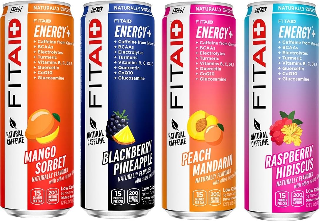 LIFEAID FITAID Energy Drink Variety Pack, 200mg Caffeine, 15 Calories, BCAAs, Electrolytes, 12 oz Cans, Pack of 24