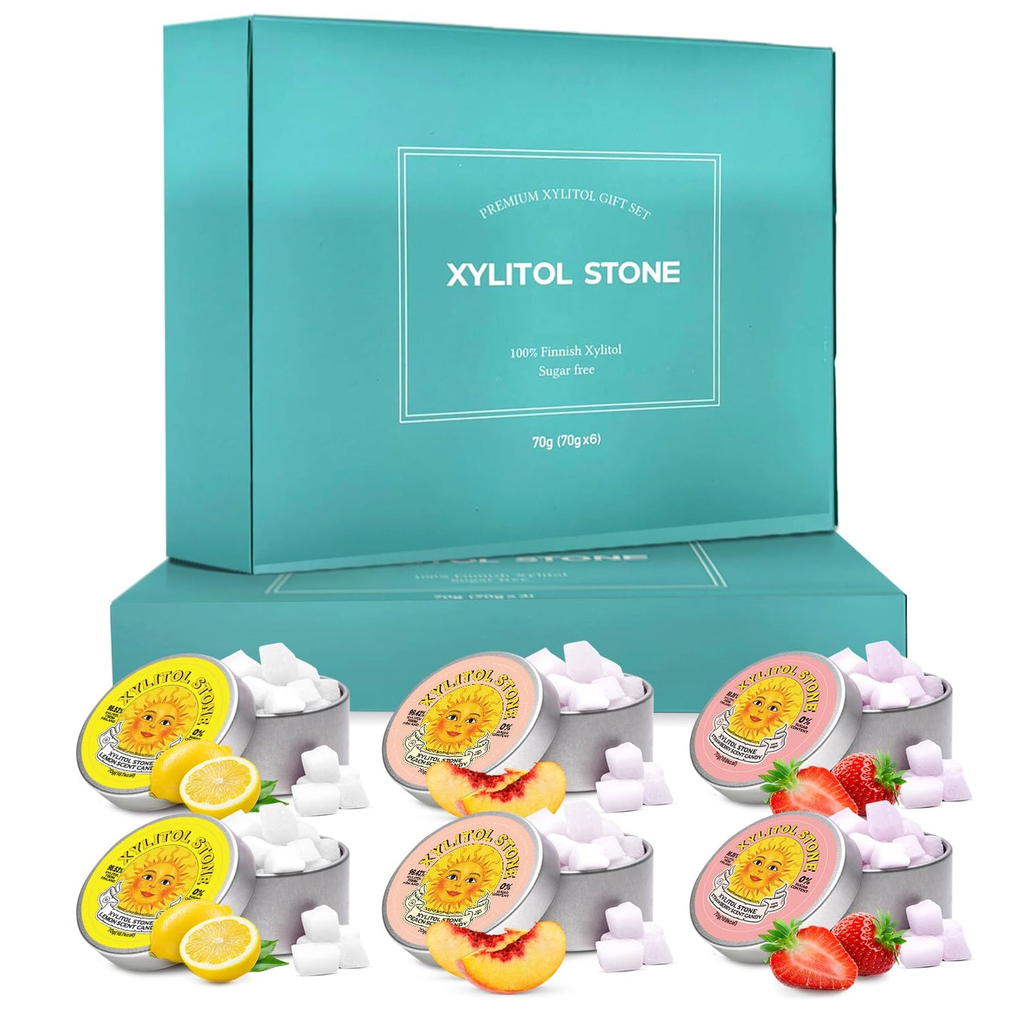 Xylitol Stone Sugar Free Candy - Vegan & Keto Friendly Unique Hard Candy - 100% Natural Flavor Candies - Gluten Free & Non-Gmo Breath Freshener Mints - Pack Of 6 (2 Strawberry 2 Lemon 2 Peach)