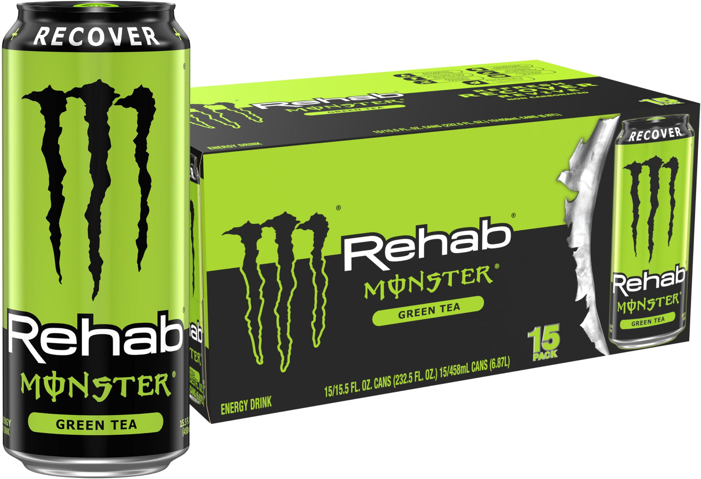 Monster Energy Rehab Iced Tea - Green Tea + Energy, 15.5 Oz, Pack of 15