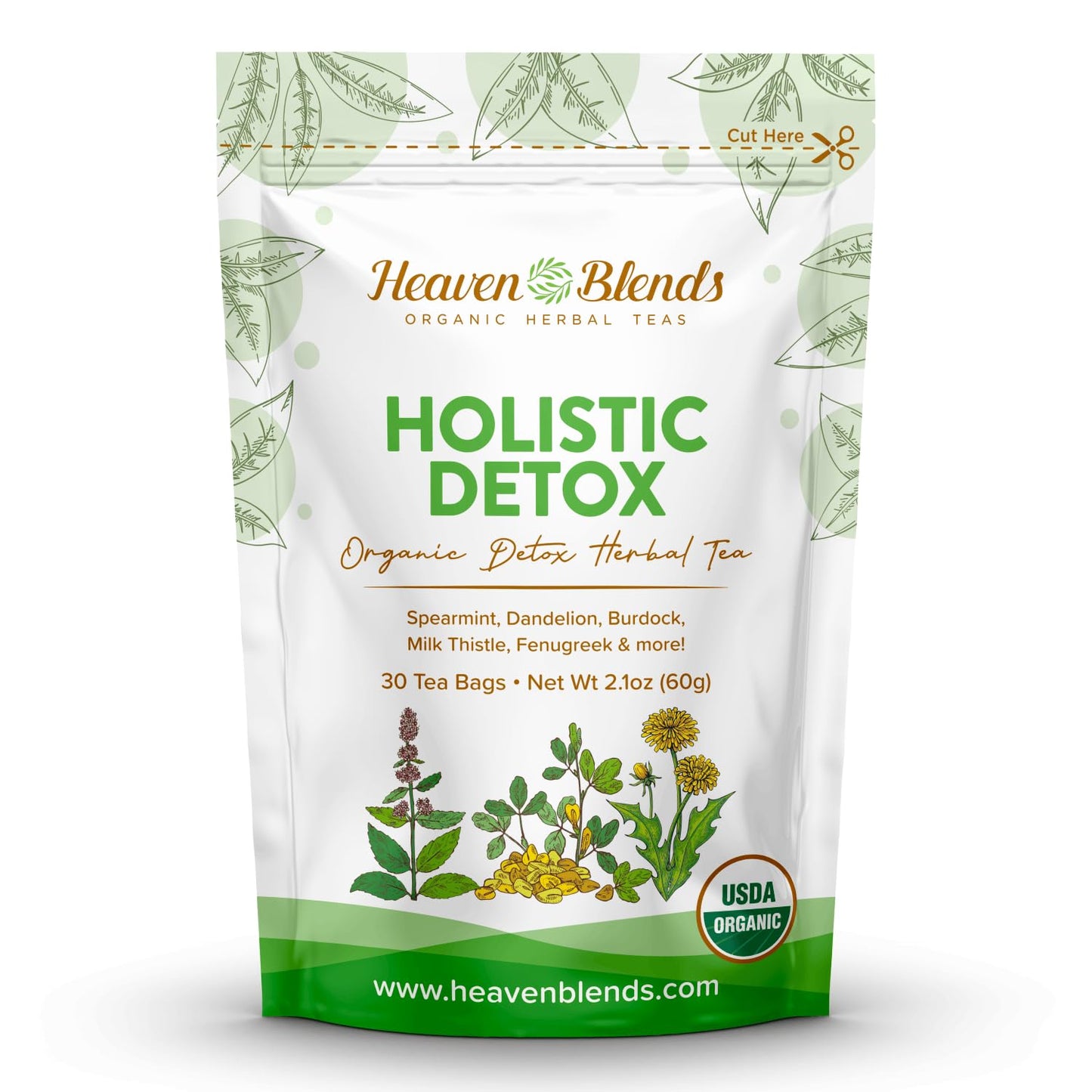 Heaven Blends Organic Holistic Detox Tea - Spearmint Dandelion Burdock Milk Thistle Seed Fenugreek & Yellowdock Root - Sugar Free Energy Blend Free And Gluten Free. 30 Sachet