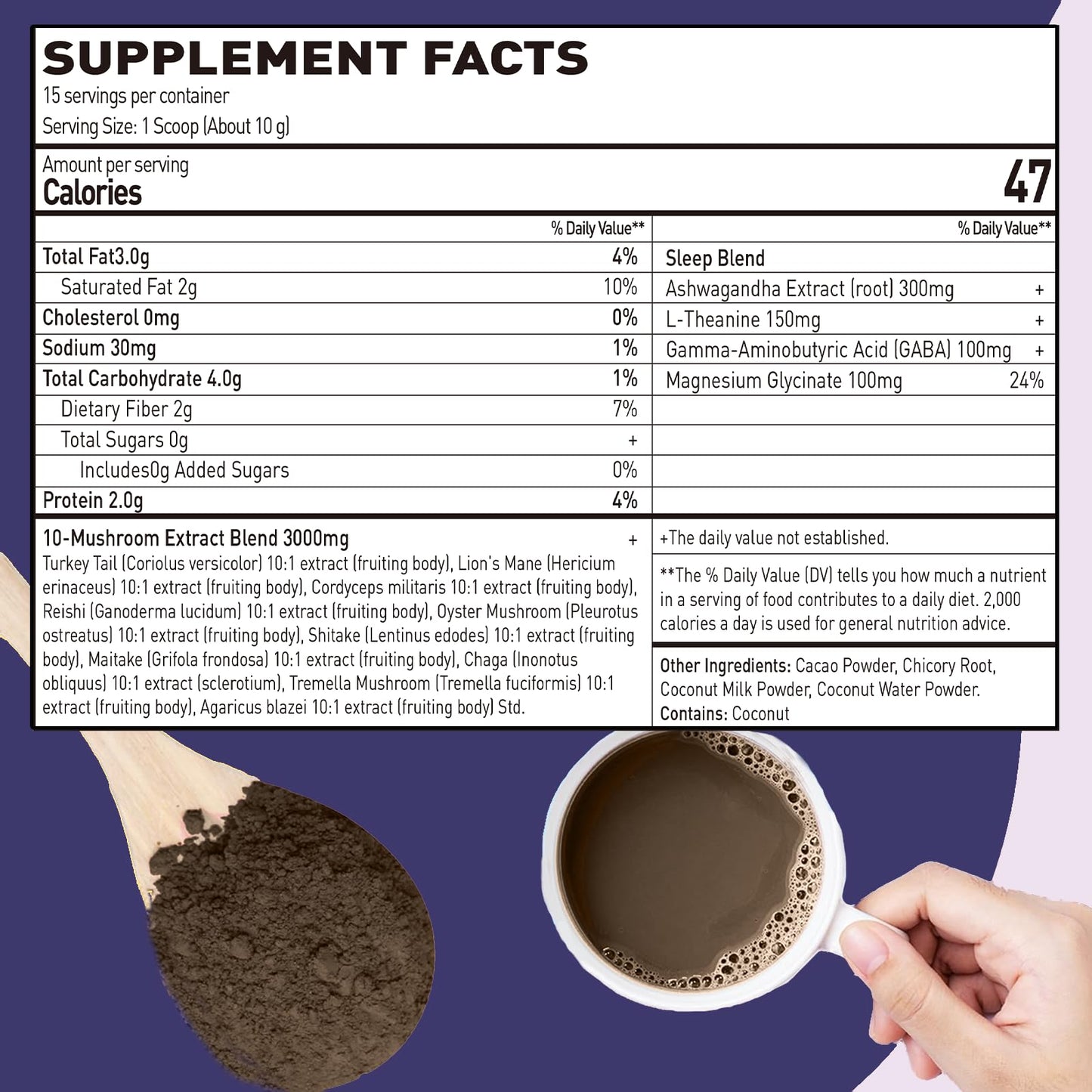 10 Mushroom Hot Cocoa for Sleep, Sugar Free Keto Cocoa Powder, Nighttime Drink,100mg Magnesium Glycinate, 100mg Gaba, 150mg L-Th