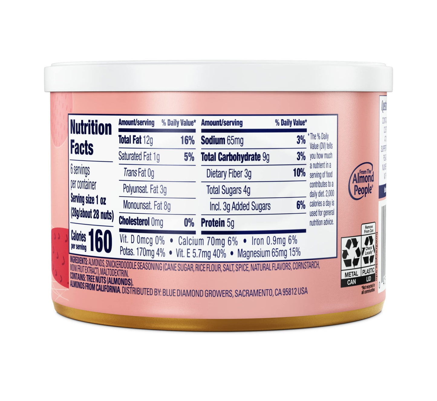 Blue Diamond Almonds Snickerdoodle Holiday Snack Nuts 6 oz Resealable can