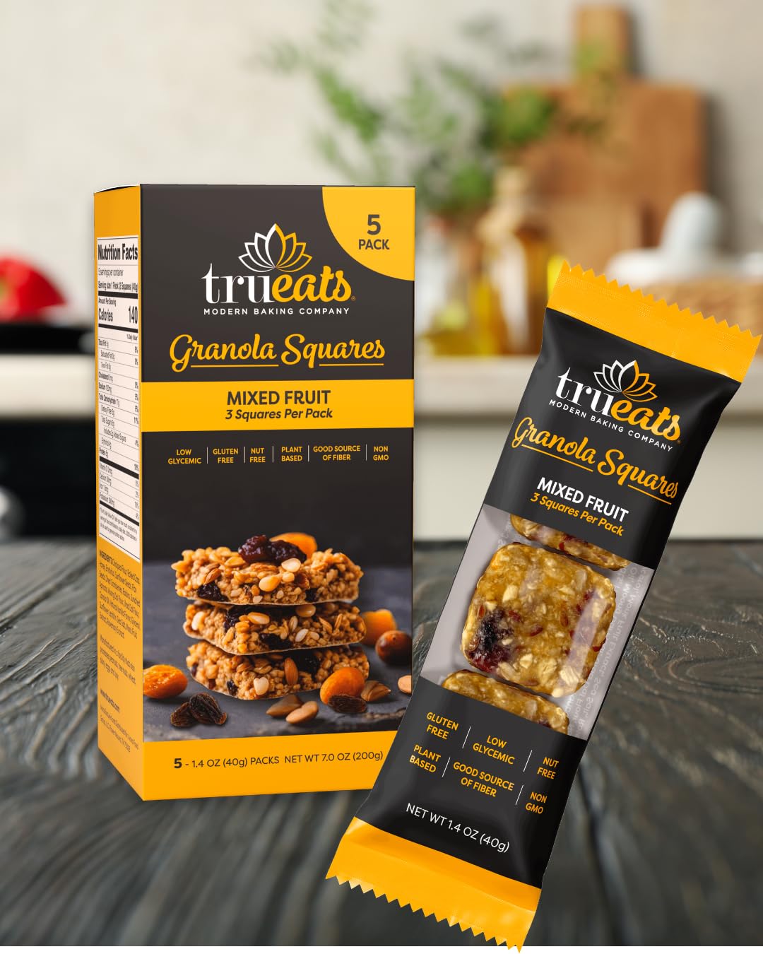 TruEats Chewy Granola Squares - Mixed Fruit - Plant Based Protein, Gluten Free - 5 Pack (3 Squares per Pack)