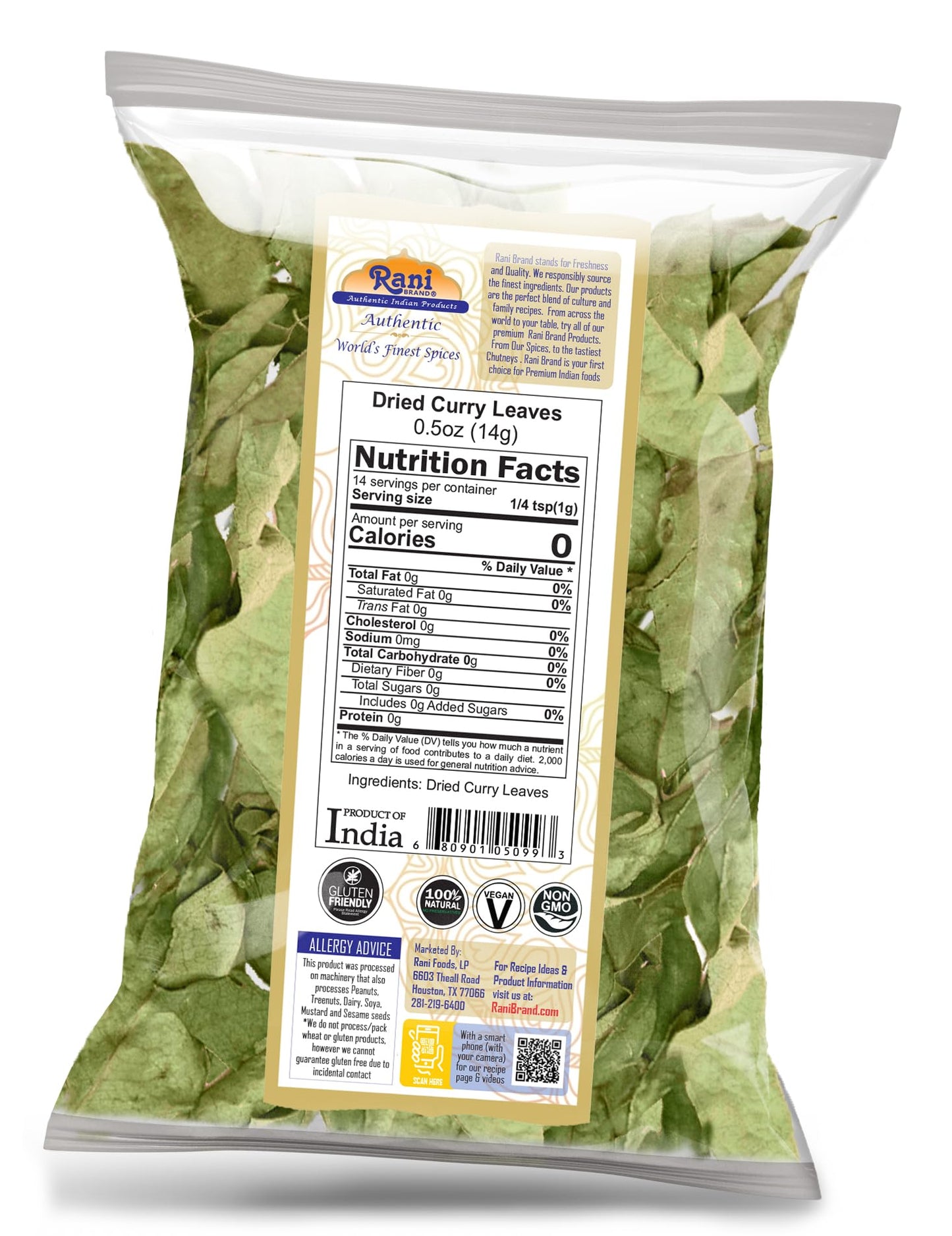 Rani Dried Curry Whole Leaves (Kari Neem Patha) Indian Spice 0.5Oz (14G) ~ Non-Irradiated | All Natural | Vegan | Gluten Friendly | Non-Gmo | Product Of Usa