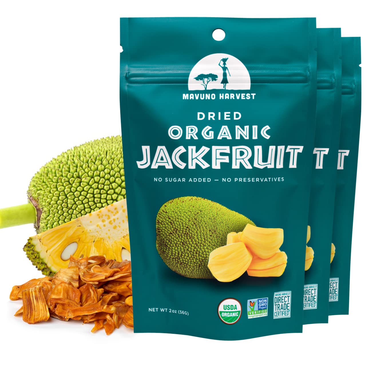 Mavuno Harvest Jackfruit Dried Fruit Snacks | Unsweetened Organic Dried Jackfruit Chips | Gluten Free Healthy Snacks For Kids And Adults | Vegan, Non Gmo, Direct Trade | 2 Ounce, Pack Of 3