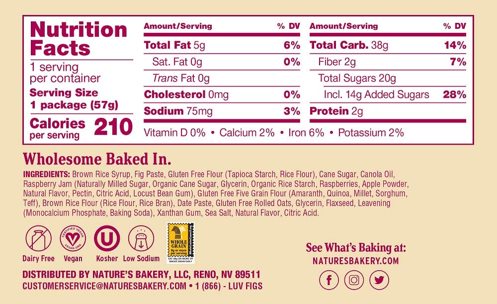 Nature'S Bakery Gluten Free Fig Bars, Raspberry, 1- 12 Count Box Of 2 Oz Twin Packs (12 Packs), Vegan Snacks, Non-Gmo