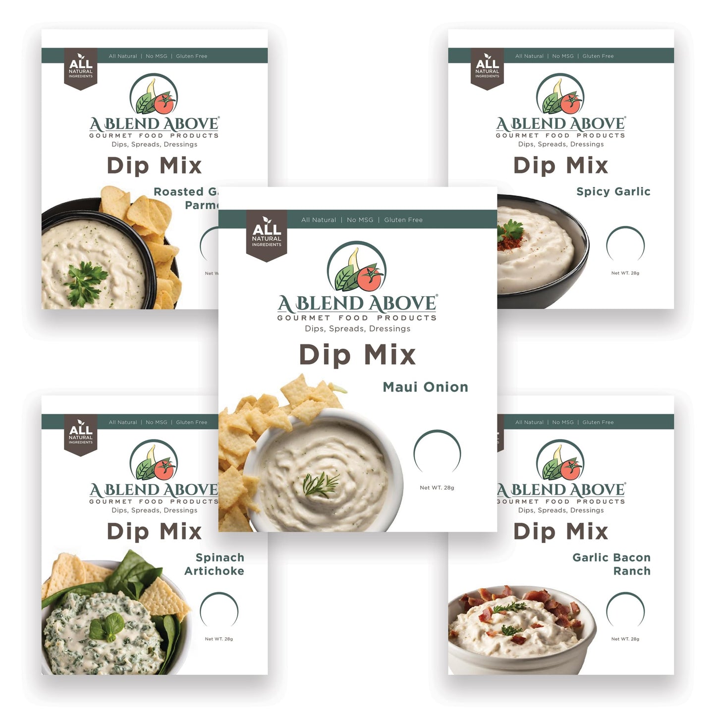 A Blend Above Best Sellers Dip Mix 5 Pack Includes Roasted Garlic Parmesan, Maui Onion, Garlic Bacon Ranch, Spicy Garlic, And Sp