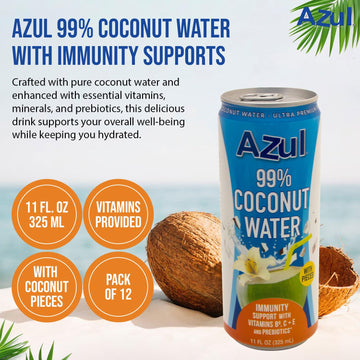 Azul 99% Coconut Water With Coconut Water Immunity Supports, Vitamin B6, C, E, And Probiotics, Natural Hydrating Elixir, Organic