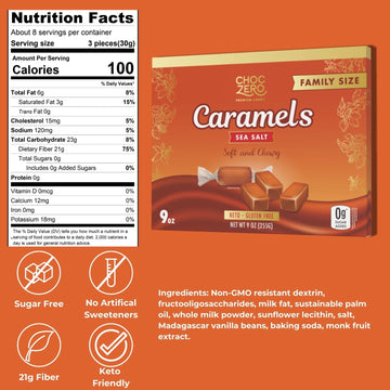 ChocZero Sugar Free Caramels - Keto-Friendly Low Carb Candy - All Natural 9oz Box - Delicious Classic Snack