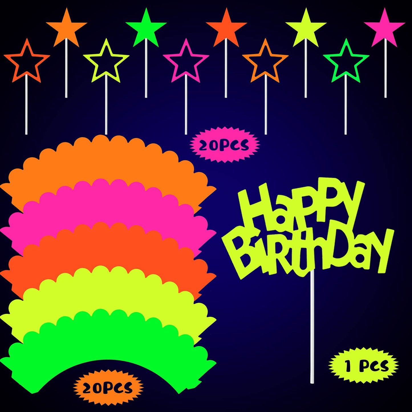 41 Pieces Glow Neon Birthday Party Decorations, Includes Yellow Happy Birthday Cake Topper Neon Cupcake Wrappers And Hollowed Ou