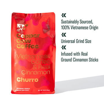 Copper Cow Premium Vietnamese Ground Coffee | Churro | Dark Roast | Flavored With Real Cinnamon | Universal Grind | 10 Oz