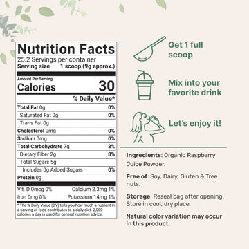 Organic Raspberry Juice Powder, 8Oz | 100% Natural Fruit Powder | Freeze-Dried Raspberries Source | No Sugar & Additives | Great Flavor For Drinks, Smoothie, & Beverages | Non-Gmo & Vegan Friendly