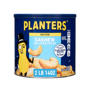 Planters Salted Cashew Nuts Halves & Pieces, Snacks For Adults, Plant-Based Protein Party Snack, 2 Lb 14 Oz