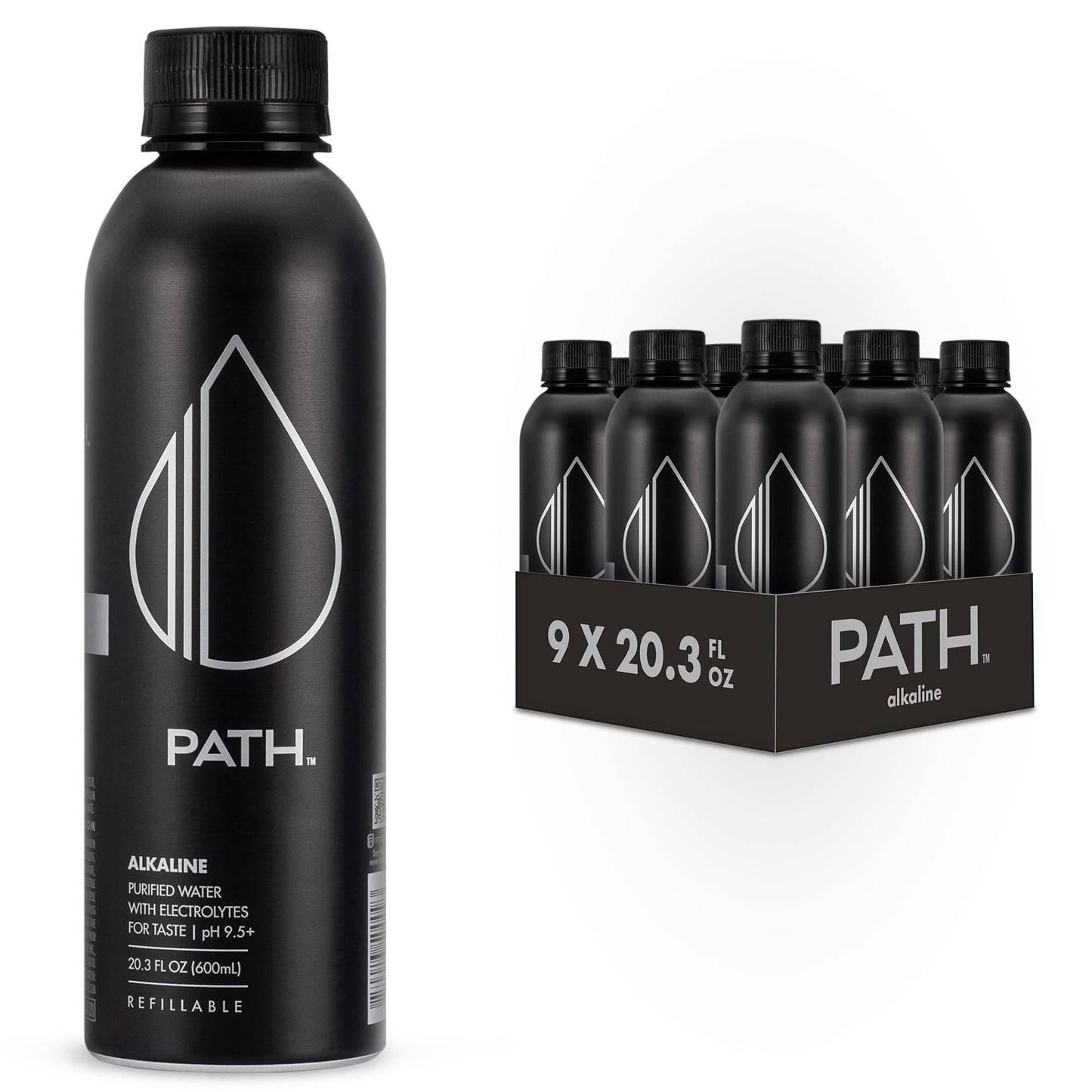 Path Alkaline Bottled Water - 9.5 Ph-Balanced Purified Water With Electrolytes In Aluminum Bottle - Bpa-Free Reusable Infinitely Recyclable - Pure Crisp Refreshing Taste - 20.3 Fl Oz (Pack Of 9)