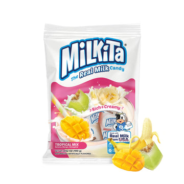 Milkita Creamy Shake Candy Bag, Gluten Free Chewy Candies With Calcium & Real Milk, Zero Trans Fat, Low-Sugar, Tropical Flavors (Banana, Honeydew, Mango), 25 Pcs