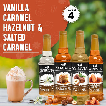 Syruvia Coffee Syrup Variety Pack Vanilla, Caramel, Hazelnut & Salted Caramel Kosher, 25.4 Fl Oz Bottles - Elevate Your Coffee E