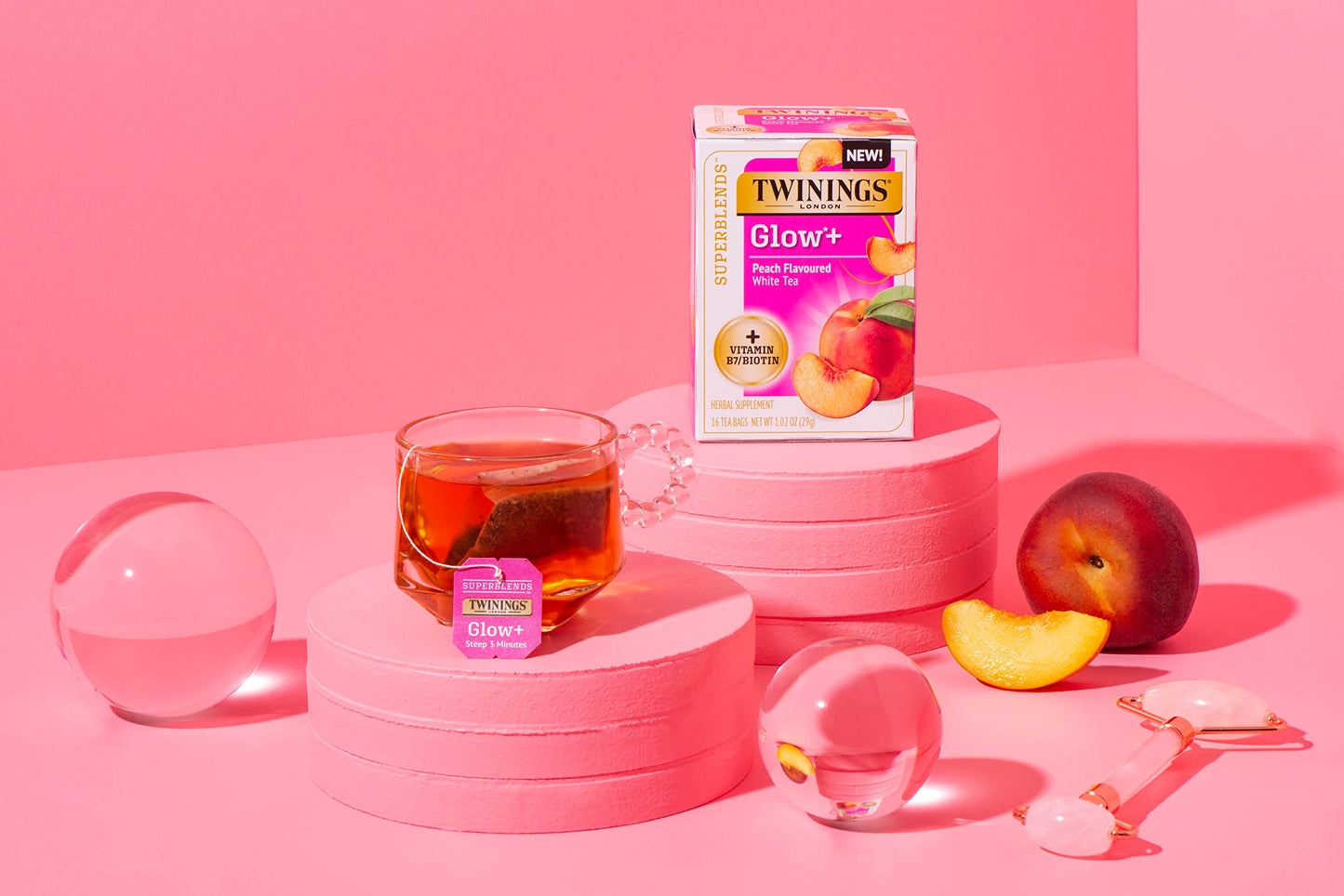 Twinings Superblends Glow+ Vitamin B7 Biotin Peach Flavoured White Tea, 16 Tea Bags (Pack Of 6), Enjoy Hot Or Iced