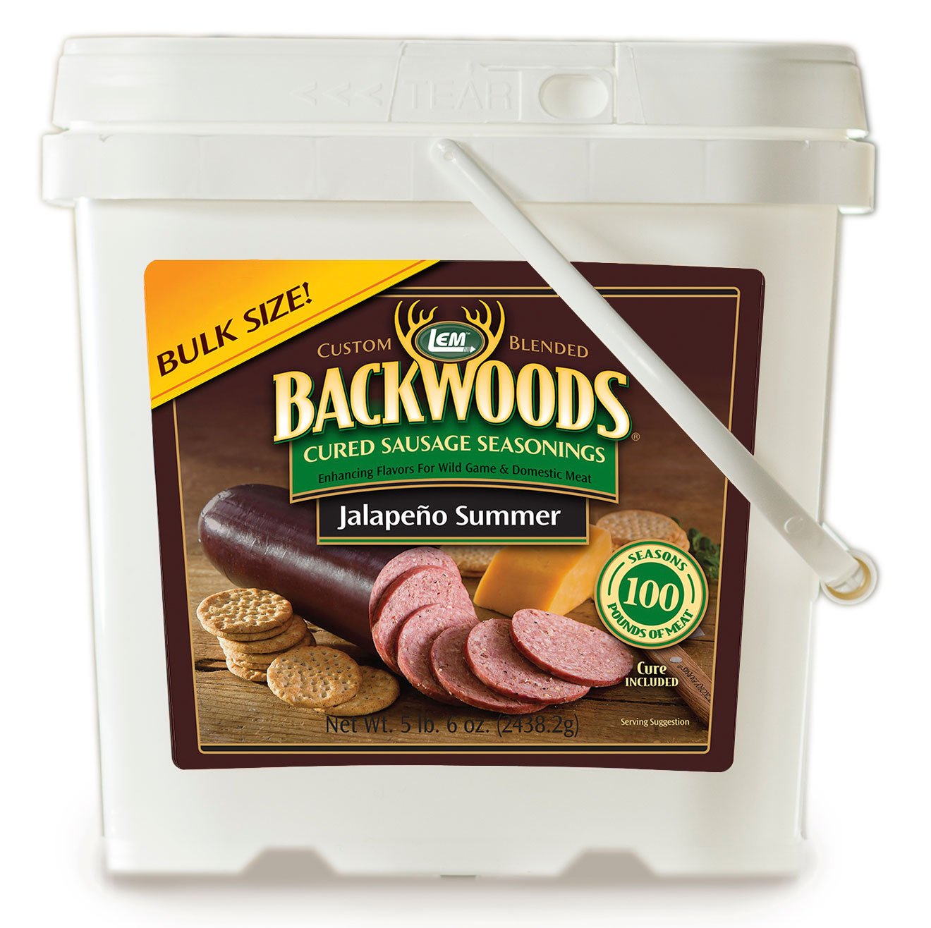 Lem Products Backwoods Jalapeno Summer Cured Sausage Seasoning, Ideal For Wild Game And Domestic Meat, Seasons Up To 100 Pounds Of Meat, 5 Pound, 4 Ounce Bucket With Pre-Measured Cure Packet Included