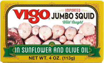 Vigo Premium Imported Canned Seafood, Jumbo Squid In Sunflower & Olive Oil, Specialty Flavored, Perfect For Recipes And Dishes (Jumbo Squid In Sunflower & Olive Oil, 4 Ounce (Pack Of 10))