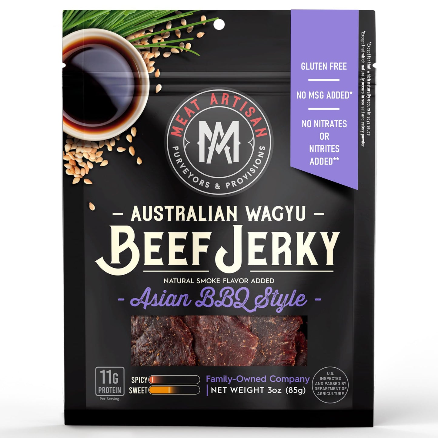 Meat Artisan Beef Jerky - Australian Wagyu Asian Bbq Style - High Protein Snack - Gluten Free No Msg - Top-Grade Gourmet Natural 3Oz (85G)
