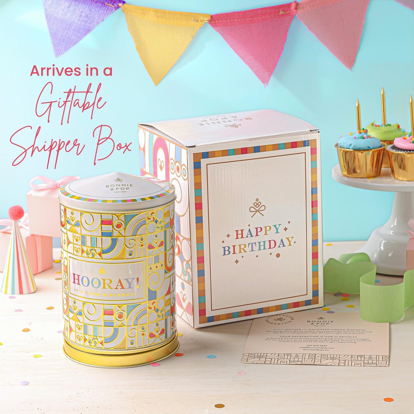 Birthday Gift Basket | Popcorn, Sweets, Candy, Cake Flavors | Tin Spins, Plays Music Happy Birthday | Bonnie and Pop