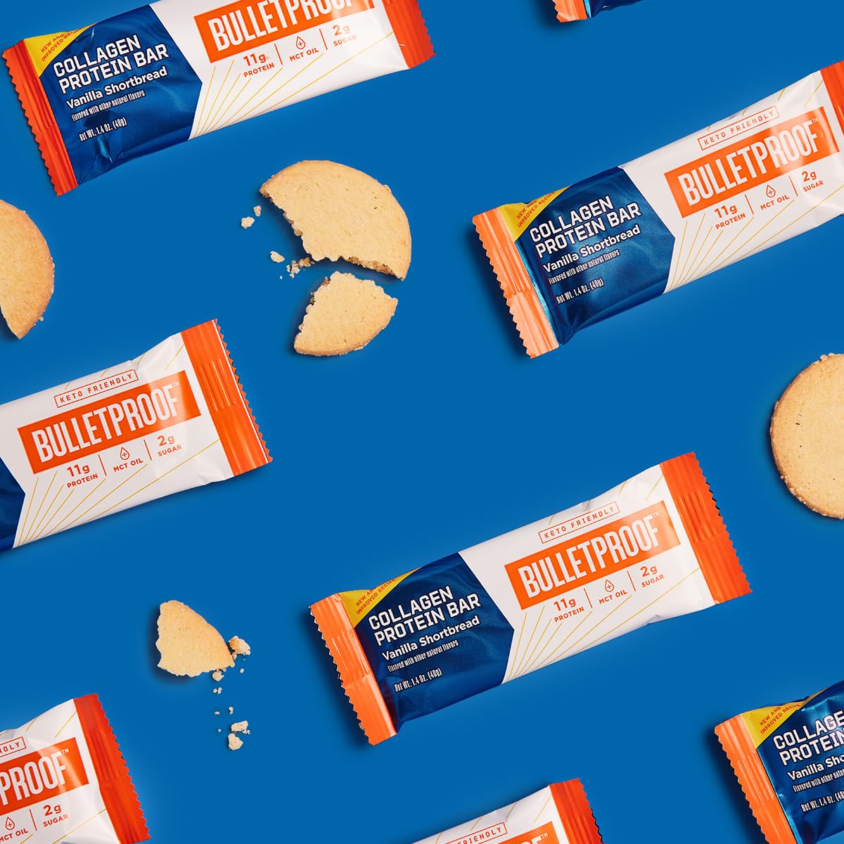 Collagen Protein Bars, Vanilla Shortbread, 11g Protein, 12 Pack, Bulletproof Grass Fed Healthy Snacks, Made with MCT Oil, 2g Sug