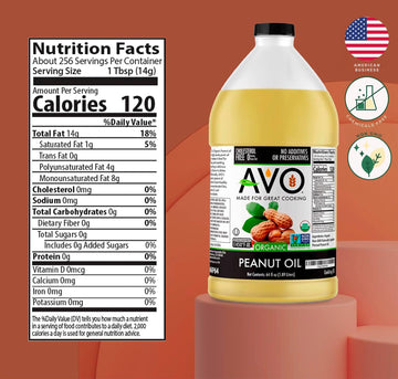 Avo Made For Great Cooking Organic Peanut Oil Half Gallon - Perfect For Cooking & Deep Frying - Ideal For Chefs, Moms, And Grill