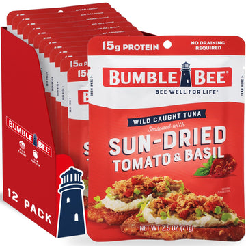 Bumble Bee Sun-Dried Tomato & Basil Seasoned Tuna, 2.5 oz Pouches (Pack of 12) - Ready to Eat - Wild Caught Tuna Packet - 15g Pr