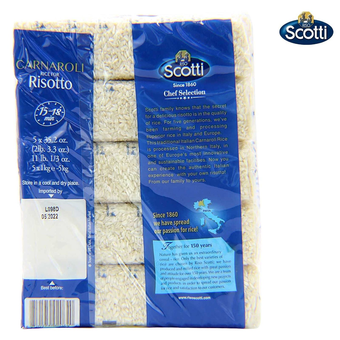 Carnaroli Rice For Risotto, 11 Lbs (5X1 Kg), Product Of Italy, Chef Selection, Gluten Free, Non-Gmo, Vacuumed Packed, Riso Scott