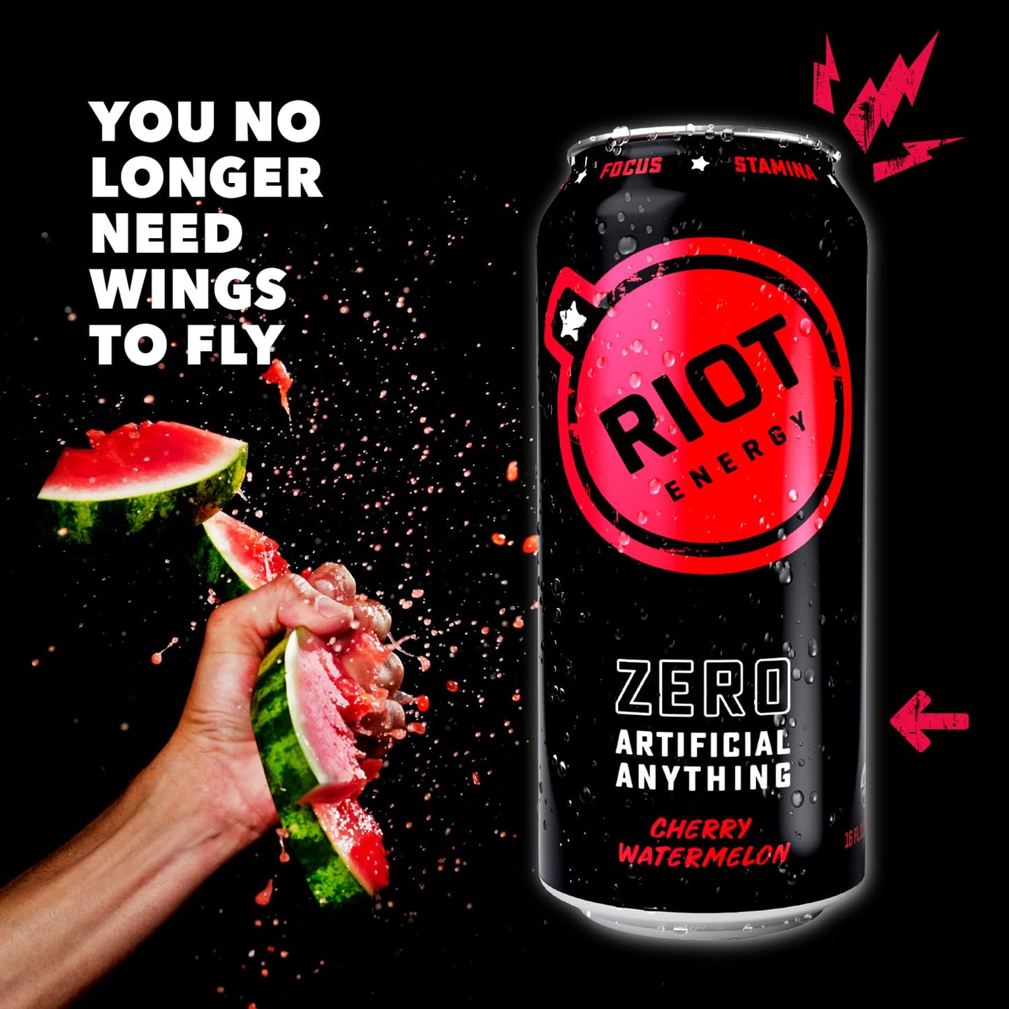 RIOT Clean Energy Drink, Cherry Watermelon, Zero Sugar, Natural Energy, 16 Fl Oz (Pack of 12)