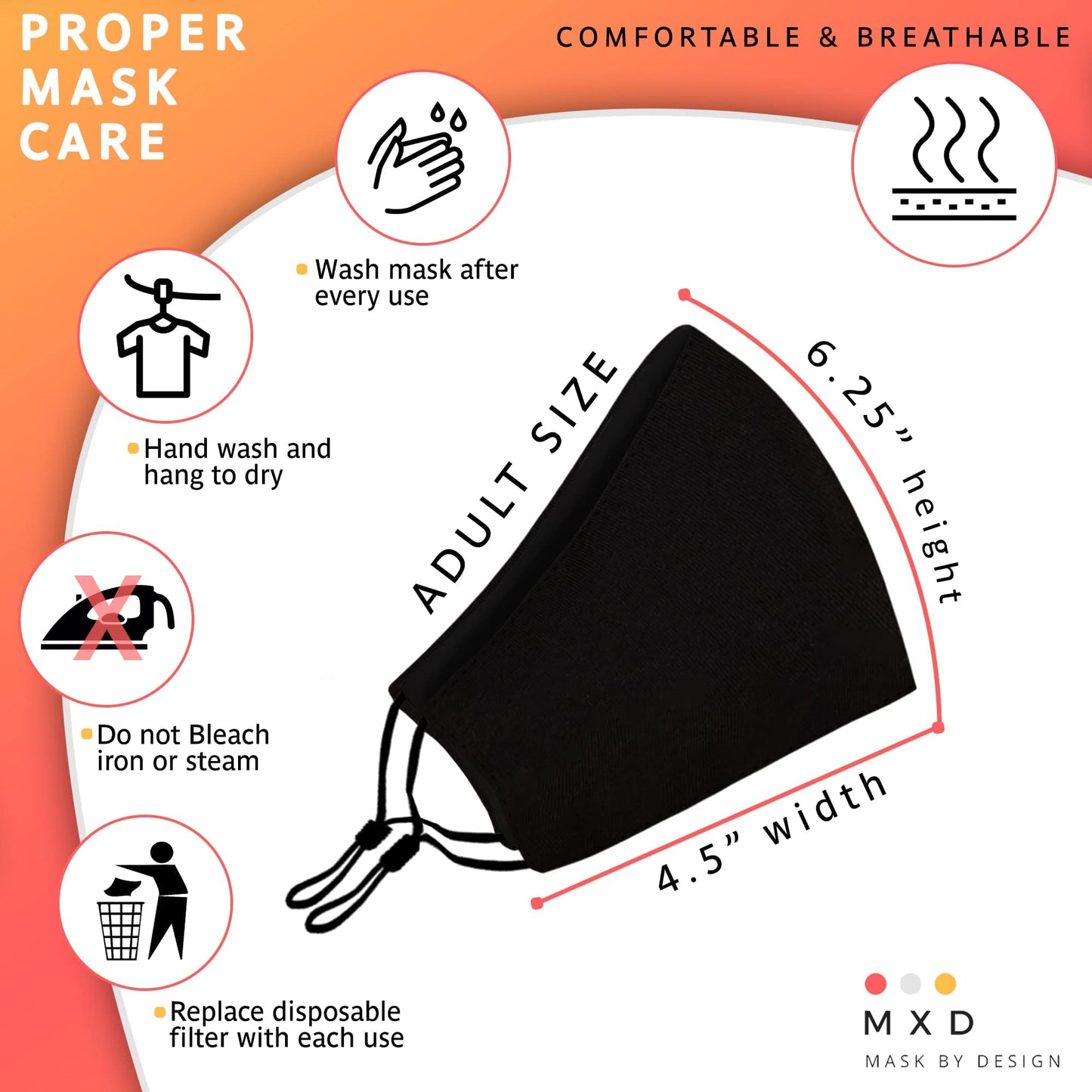 Washable Face Mask With Adjustable Ear Loops & Nose Wire - 3 Layers, Made In Usa (Rose Embroidery)