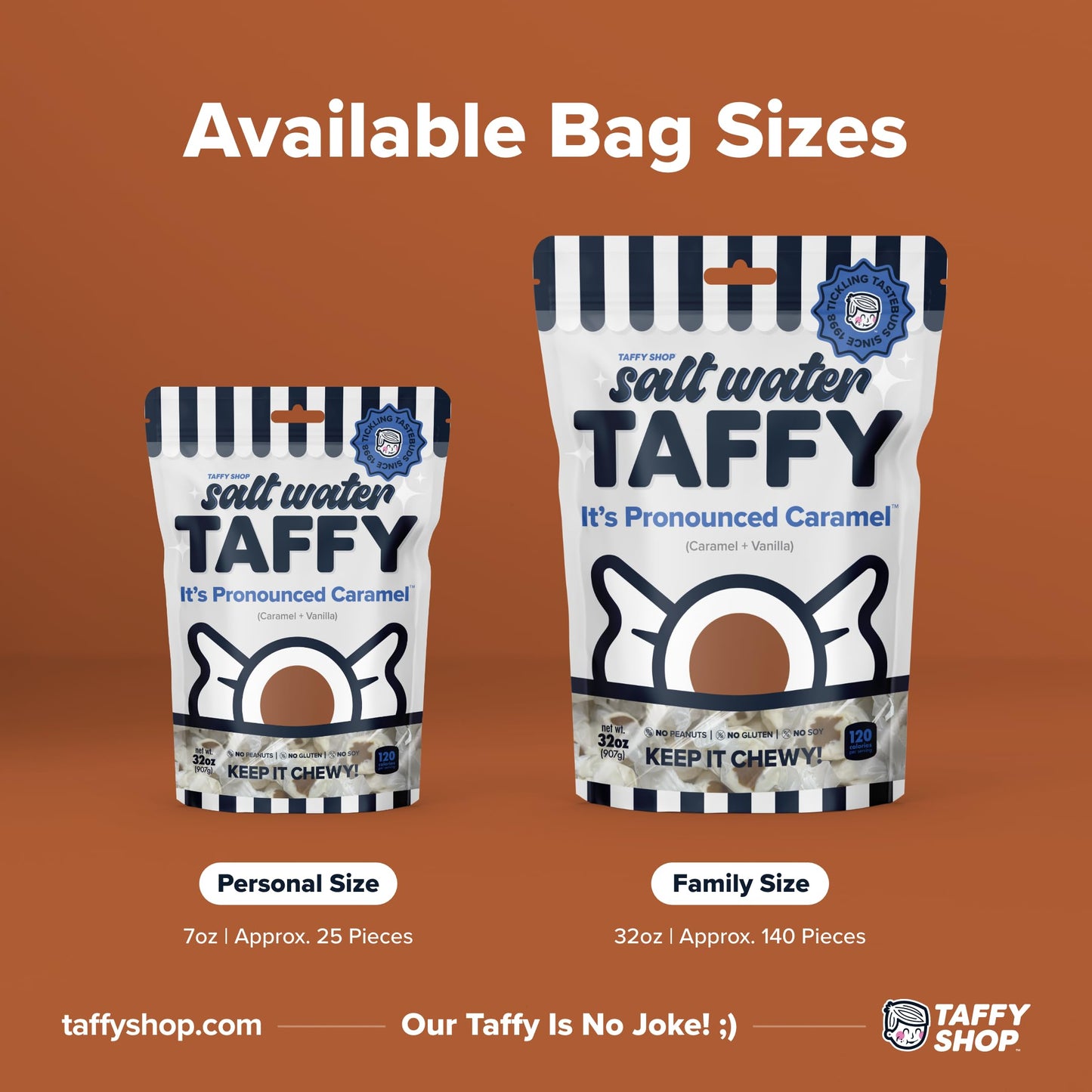 Taffy Shop Its Pronounced Caramel, Caramel Salt Water Taffy - Gourmet Soft Chewy Candy, Bulk Sweet Snack, Fresh Gift & Gluten-F