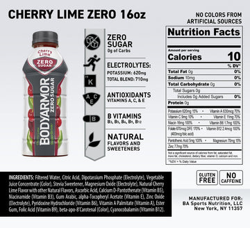 BODYprotective covering ZERO Sugar Cherry Lime Sports Drink - Sugar Free, Low-Calorie, 16 fl oz (Pack of 12)