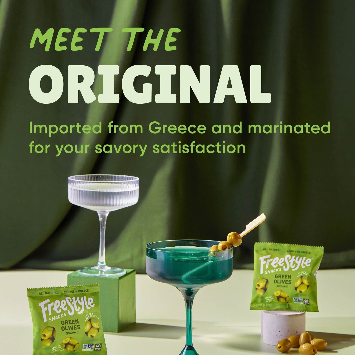 Freestyle Snacks Olive Snack Packs - Single Serve - Fresh Pitted Green Olives, Jumbo-Sized, Grown In Greece, All Natural, Non-Gm