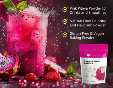 Kate Naturals Dragon Fruit Powder For Baking & Drink (4Oz). Vegan, Gluten Free Dried Pink Pitaya Powder For Dragonfruit Syrup, Smoothie & Food Coloring