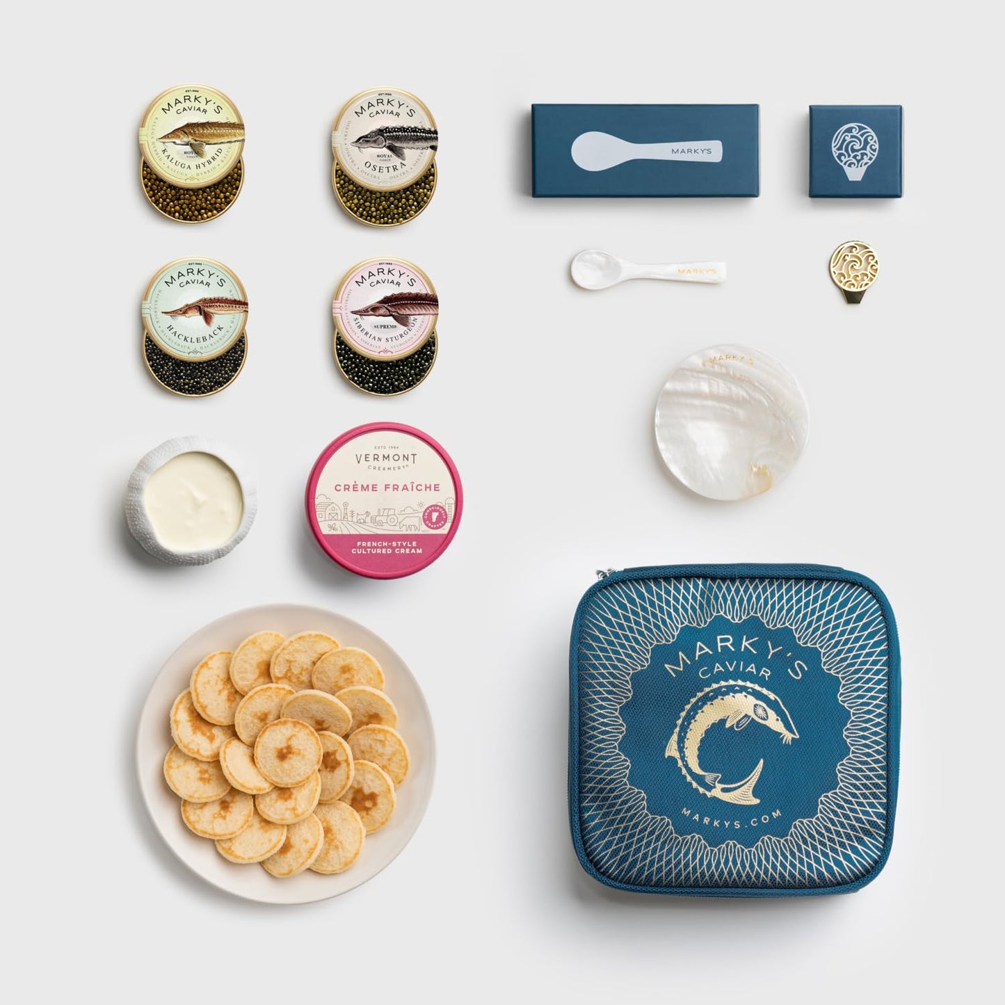 MarkyS Curated Caviar Tasting Gift Set - 0.5 Oz / 14 G (Pack Of 4) X Kaluga Royal Amber Royal Amber Osetra Hackleback Siberian Sturgeon - Caviar Blini - Creme Fraiche - Serving Set - Spoon Plate & Tin Opener - Comes With Cooler Gift Bag