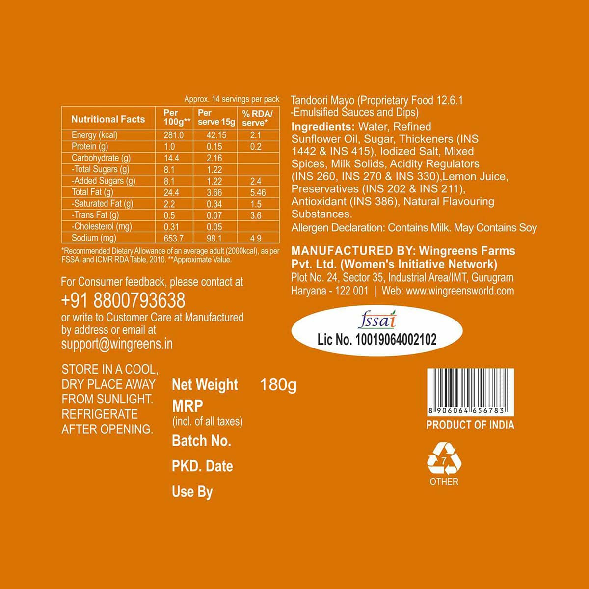 Wingreens Farms Tandoori Mayo, 180Gm