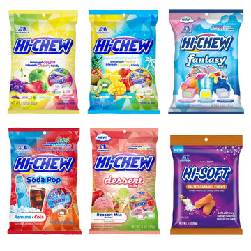 Hi-Chew Variety Mix, Pack Of 6 Bags Including Salted Caramel -15 Flavors Asst - Unique Fun Soft & Chewy Taffy Candy - Immensely Juicy Fruit Flavors - Individually Wrapped For Sharing