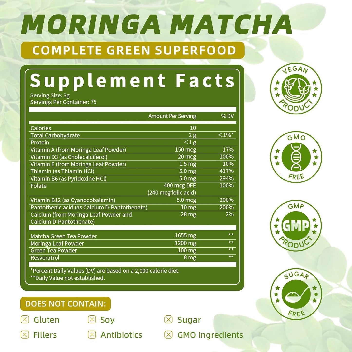 Matcha Powder - Superfood Blend with Moringa & Green Tea & Resveratrol Energy & Focus Support Immune & Antioxidant Defense Vegan Gluten-Free 8oz