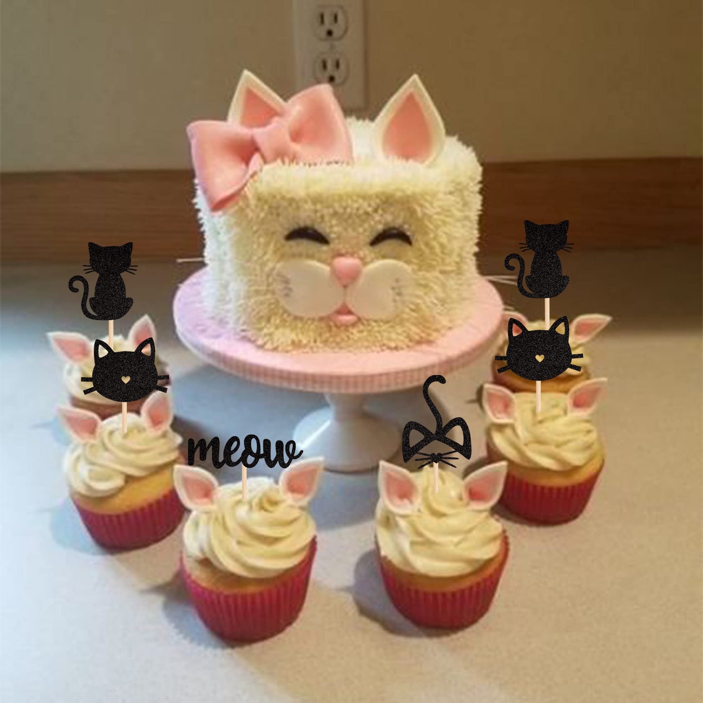 YCTHUNFISH Cat Cupcake Toppers - 24 Pack Black Glitter Kitten Theme, Small Size, Ideal for Baby Shower, Kids Birthday, Wedding Party