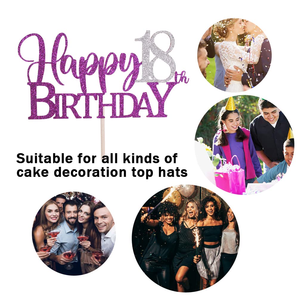 Purple Glitter Happy 18Th Birthday Cake Topper,Hello 18, Forever 18 Party Decoration