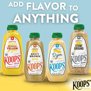 Koops Organic Mustard Variety Pack - Original Yellow, Spicy Brown, Dijon, & Stone Ground - Gluten-Free, Kosher, USDA Organic, M