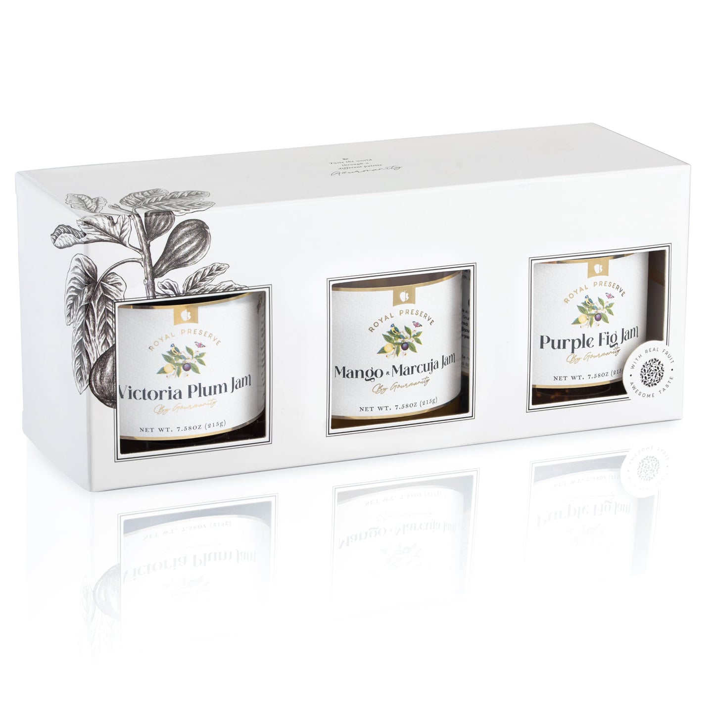 Gourmanity Set of 3 Jam Gift Set, Jellies and Preserves Assortment - Victoria Plum Jam, Purple Fig Jam and Mango and Passion Fru