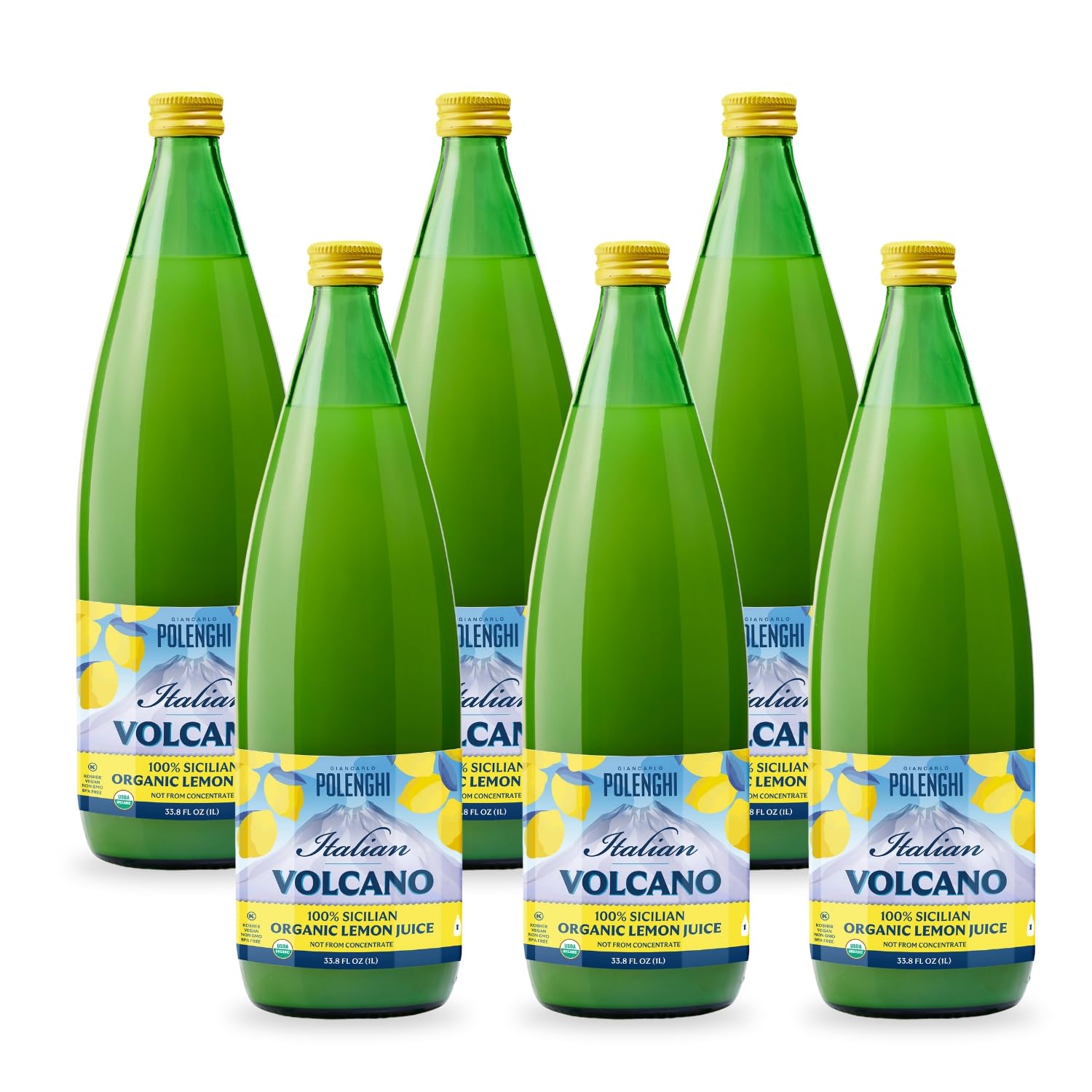 Organic Italian Volcano Lemon Juice, 33.8 Fl Oz - Pure Sicilian Lemons for Cooking, Baking, and Beverages (33.8 Fl Oz (Pack of 6